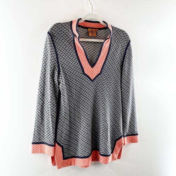 Tory Burch Colorblock Geometric Knit Tunic Sweater Top Blue Orange Small - Picture 6 of 8
